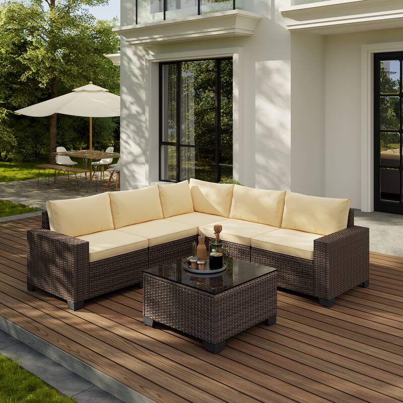 6-Piece Outdoor Patio Furniture Set, PE Wicker Rattan Sectional Sofa Conversation Set with Thickened Cushions and Coffee Table