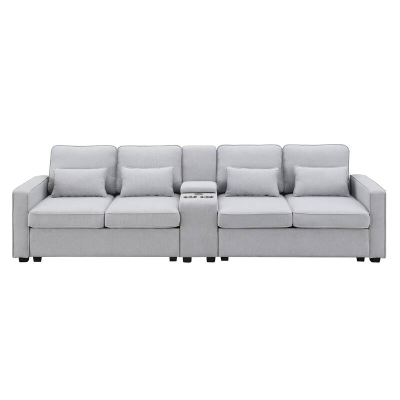 Linen Straight Row Sectional Sofa w4 Pillows, Console, Wired or Wirelessly Charged, Side Pockets, 2 Cupholders and 2 USB Ports