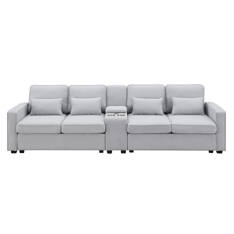 Modern 4-Seat Sofa with Console, Wireless Charging, 2 Cupholders, and 4 Pillows, Upholstered in Linen Fabric