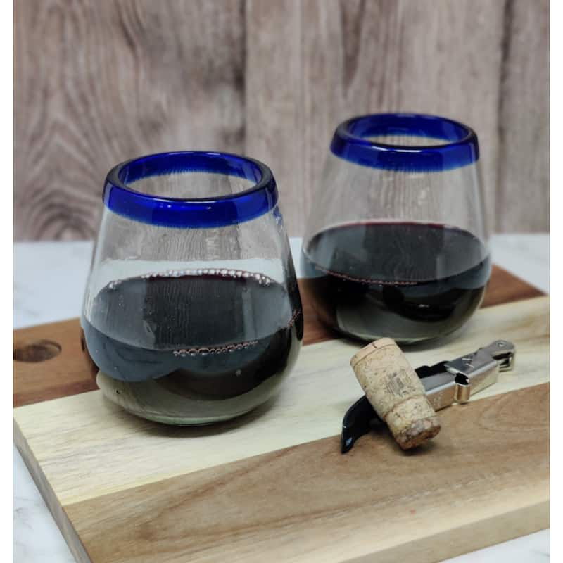 Hand Blown Mexican Stemless Wine Glasses - Set of 6 Glasses with Cobalt Blue Rims (15 oz)
