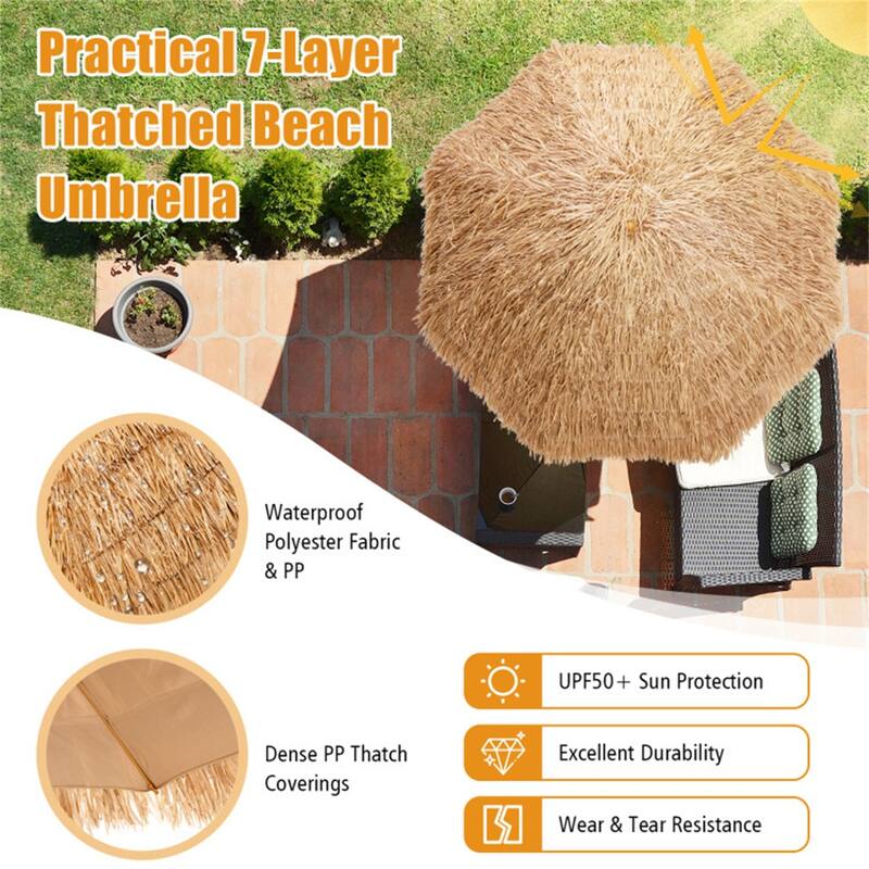Portable 8 Feet Natural Thatched Patio Umbrella Sunshade Tiki with Steel Pole for Beach or Pool