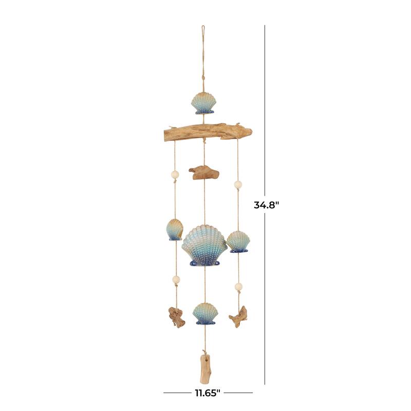 Blue Ceramic Handmade Ombre Shell Windchime with Driftwood and Bead Accents