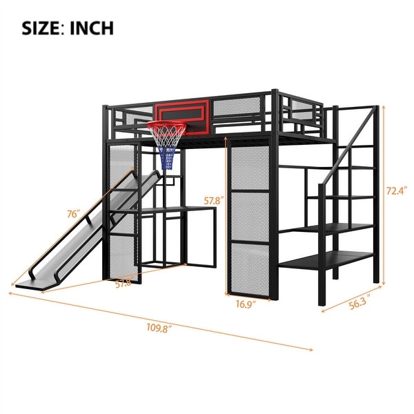 dimension image slide 1 of 2, Full Size Metl Loft Bed with Open Wardrobe, Slide and Bulit-in Desk, Kids Loft Bedframe with Basketball Hoop and Storage Shelves
