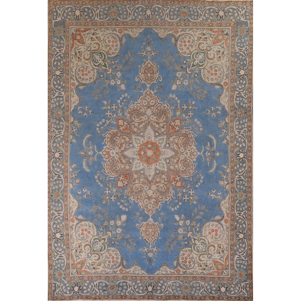 Blue Tabriz Vintage Persian Rug Handmade Floral Wool Carpet - 9'9" x 12'8"
