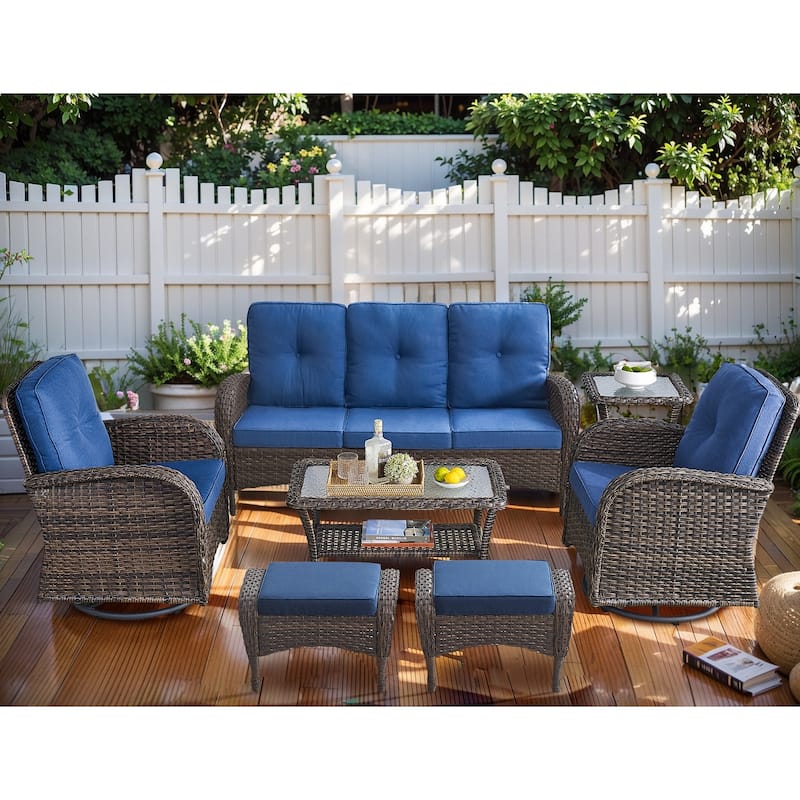 Outdoor Couch Sofa with Swivel Chair Ottomans - Blue - Brown