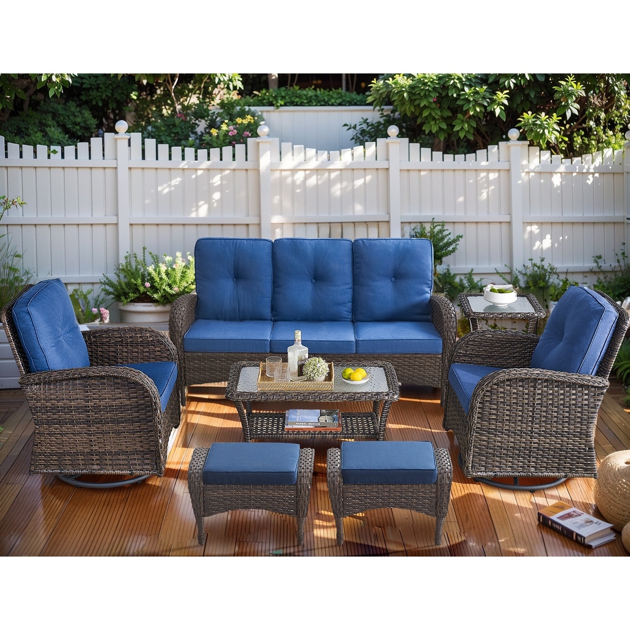 Outdoor Sofa with Swivel Chair Ottomans and Coffee Table Brown Bed