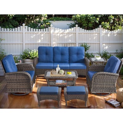 Outdoor Sofa with Swivel Chair Ottomans and Coffee Table - Brown