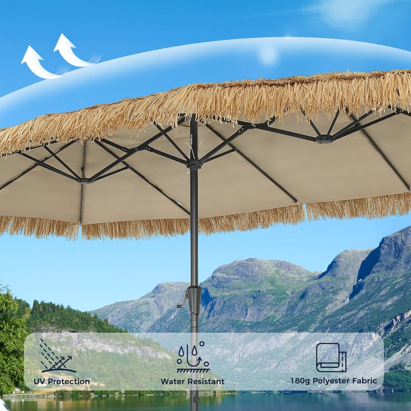 15 ft Tiki Thatched Umbrella with Sandbags Base, Hawaiian, Pool, Patio, Beach