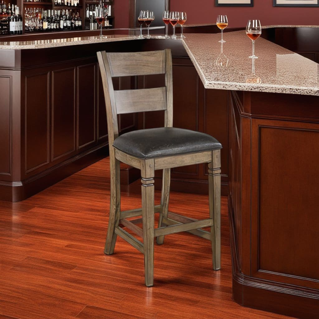 Yael Barstool Chair, Set of 2, Ladderback, Black Microfiber, Taupe Mahogany Wood
