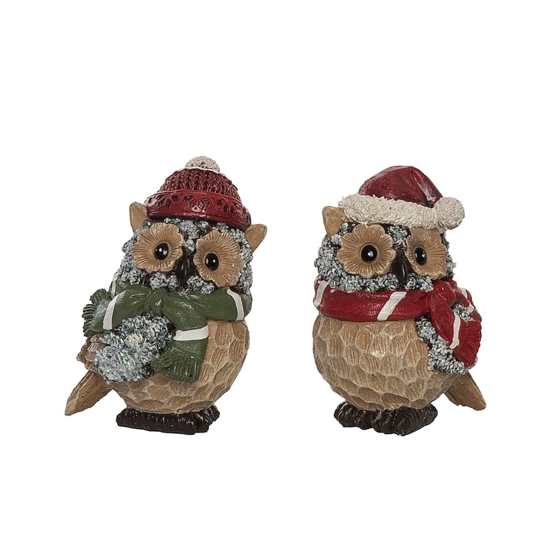 Transpac Small Resin Bundled Up Owl Figurine Set of 2 Christmas Home Decorations