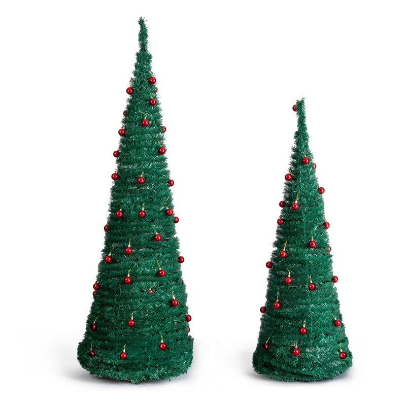 2 Pack, 6FT 5FT Artificial Pop Up Christmas Tree with Red Ball Ornaments for for Home Office Store Holiday Deco, Green