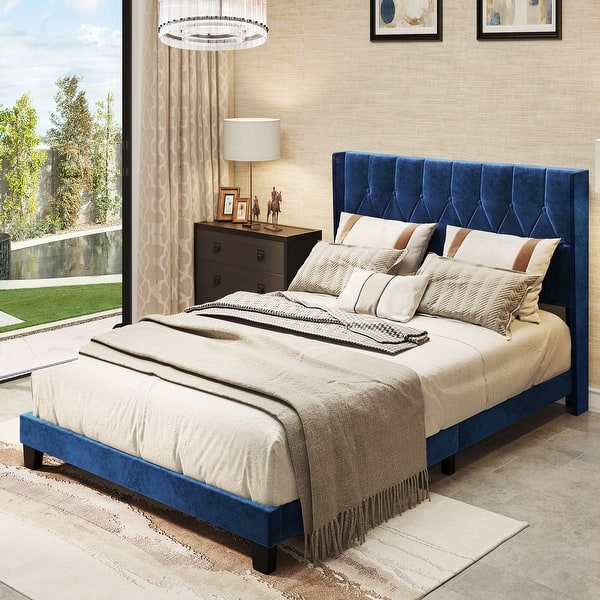 Rhombus Square Velvet Tufted Headboard Platform Bed Frame - Bed Bath 