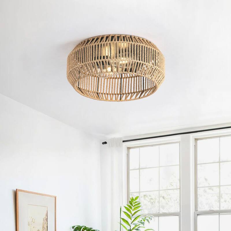 Farmhouse Brown 2-Light Hand-Woven Paper Rope Flush Mount Ceiling Light Fixture