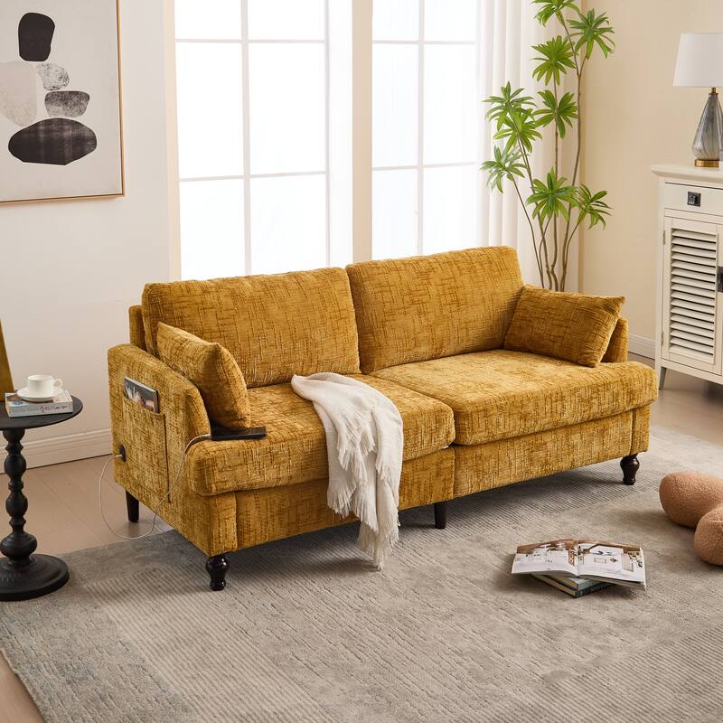 Modern Style Chenille 2-Seater Wood-Legged Sofa With Led Light,USB Charging Port And Storage Bag Living Room Bedroom Study Room