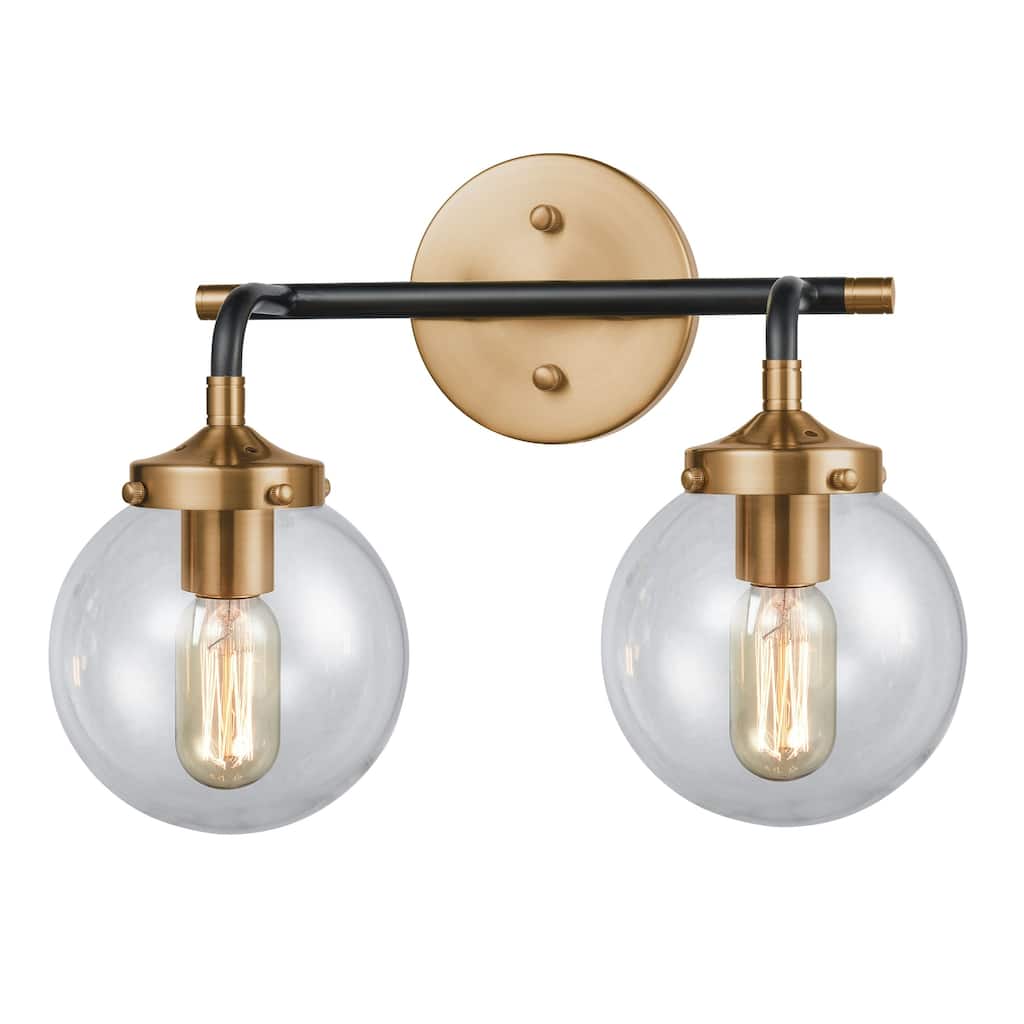 2-Light Vanity Light with Clear Globe Shade - 15" - Matte Black and Antique Gold