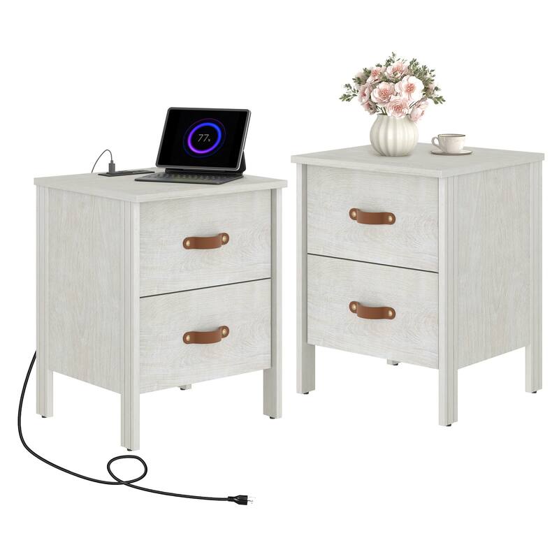WAMPAT White Nightstand with Charging Station,Bedside Table with 2 Drawer，Set 2 - White