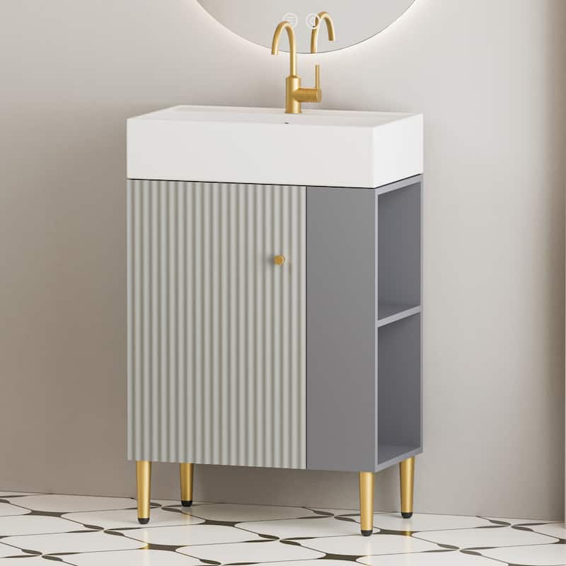 Open-shelving Bathroom Vanity with Ceramic Sink and Soft-Closing Door, Cloakroom Open Shelf Storage Cabinet on the Left Side