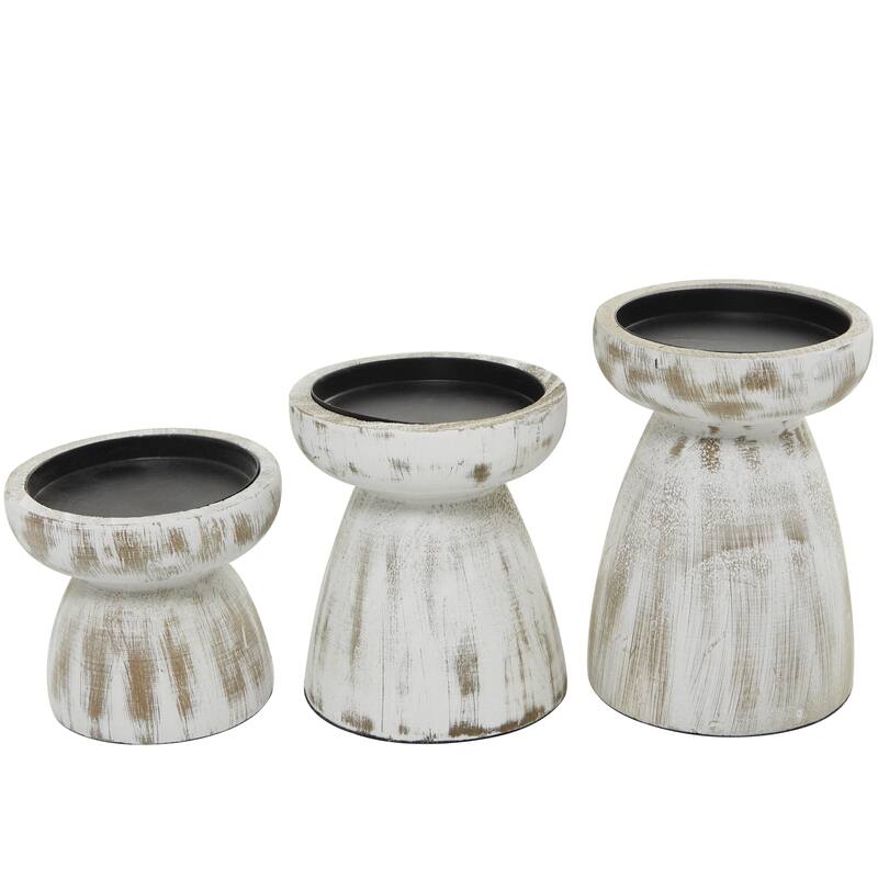 Black Wood Short Wide Distressed Decorative Candle Holder (Set of 3)