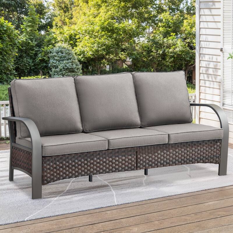 PE Wicker 3-Seat Outdoor Sofa High Back Couch - Grey Cushion - Brown - Brown - Grey