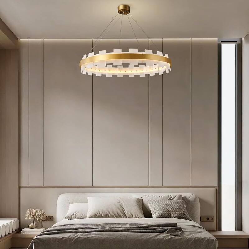 KAYLA Luxury Alabaster Chandelier, 37.4 in. Modern Integrated LED Gold Pendant Light for Entryway, Living Room & Foyer
