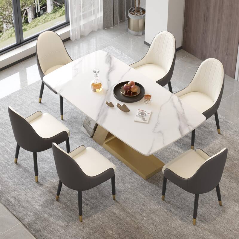 Rectangle Dining Table Faux Marble Tabletop Sintered Stone Panel with Stainless Steel Pedestal - 70.87" - White