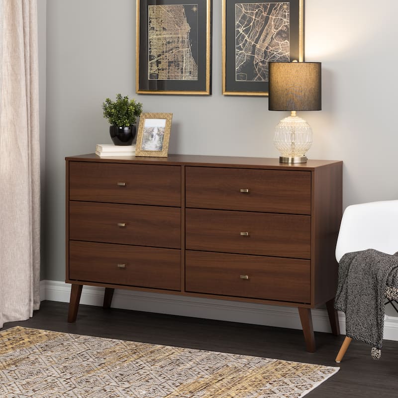 Prepac Milo Mid-Century Modern 6 Drawer Double Dresser for Bedroom, Chest of Drawers, Contemporary Bedroom Furniture