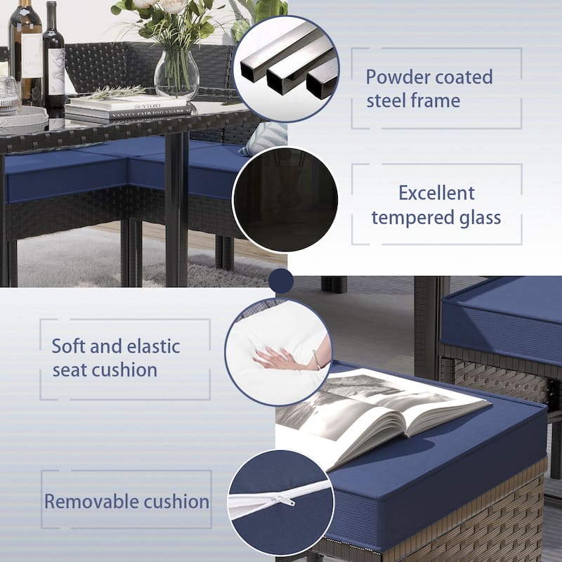7-Piece Small Space Patio Furniture Set Waterproof Cushions Glass Table