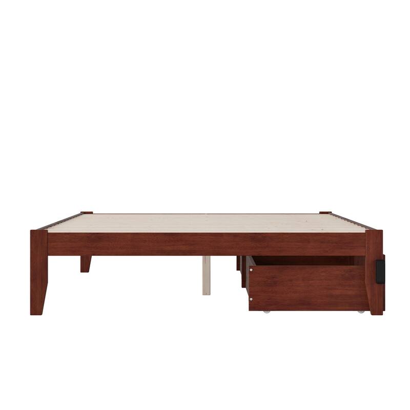 Platform Bed with USB Charger & Drawers - Walnut Finish, Modern Design