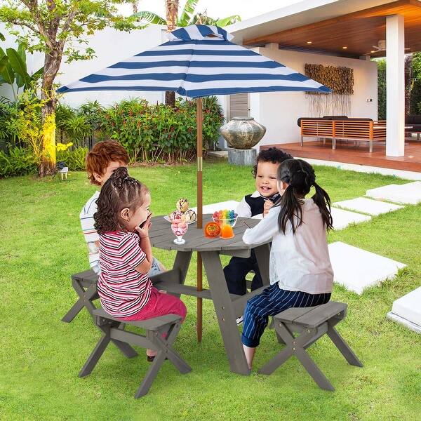slide 2 of 7, Kids Wooden Table Set with Adjustable Umbrella Table & 4 Stools