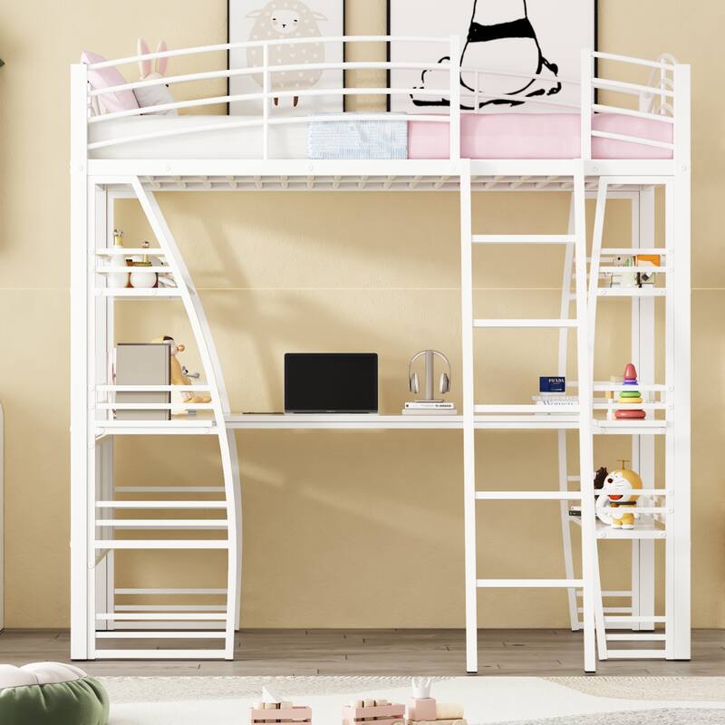 Modern Twin/Full Loft Bed with Metal Frame, Desk, Storage Shelves, and USB Charging
