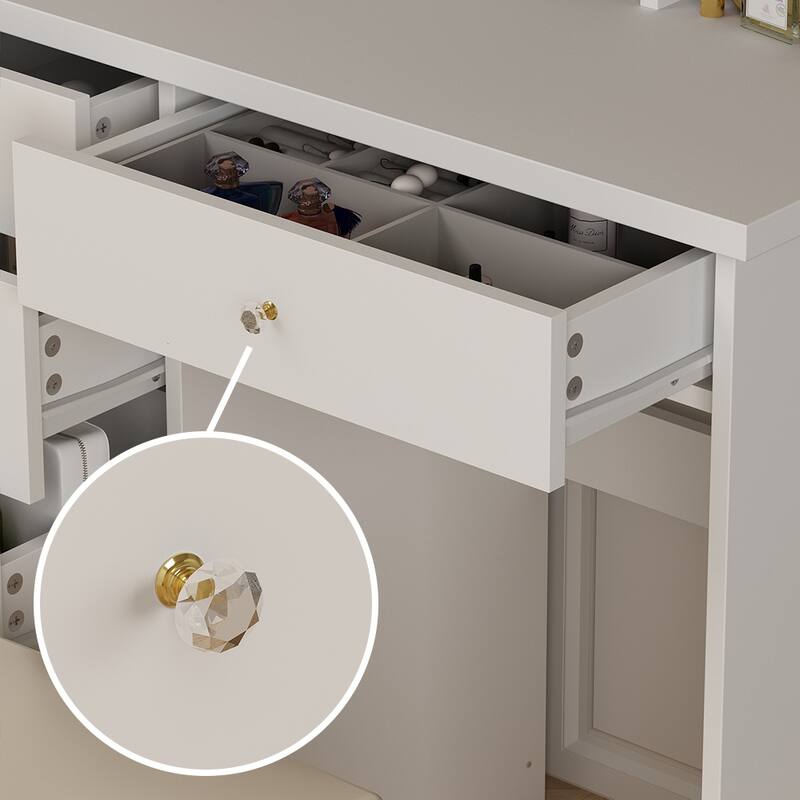 Vanity Desk with LED Lighted Mirror, Makeup Vanity Table with Drawers, Shelves and Stool