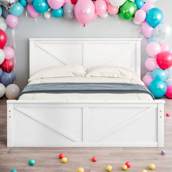 slide 2 of 14, Queen Size Durable Pine Wooden Platform Bed Frame with 4-Storage Drawers, Support Legs and Headboard, Easy to Assemble, White White