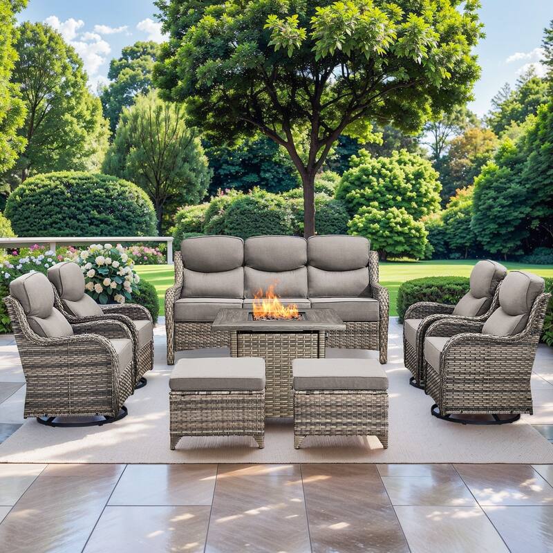 Pocassy 8 Pieces Outdoor 6" Sofa Swivel Chair Ottoman with Fire Pit Table - Gray Wicker - Gray cushion