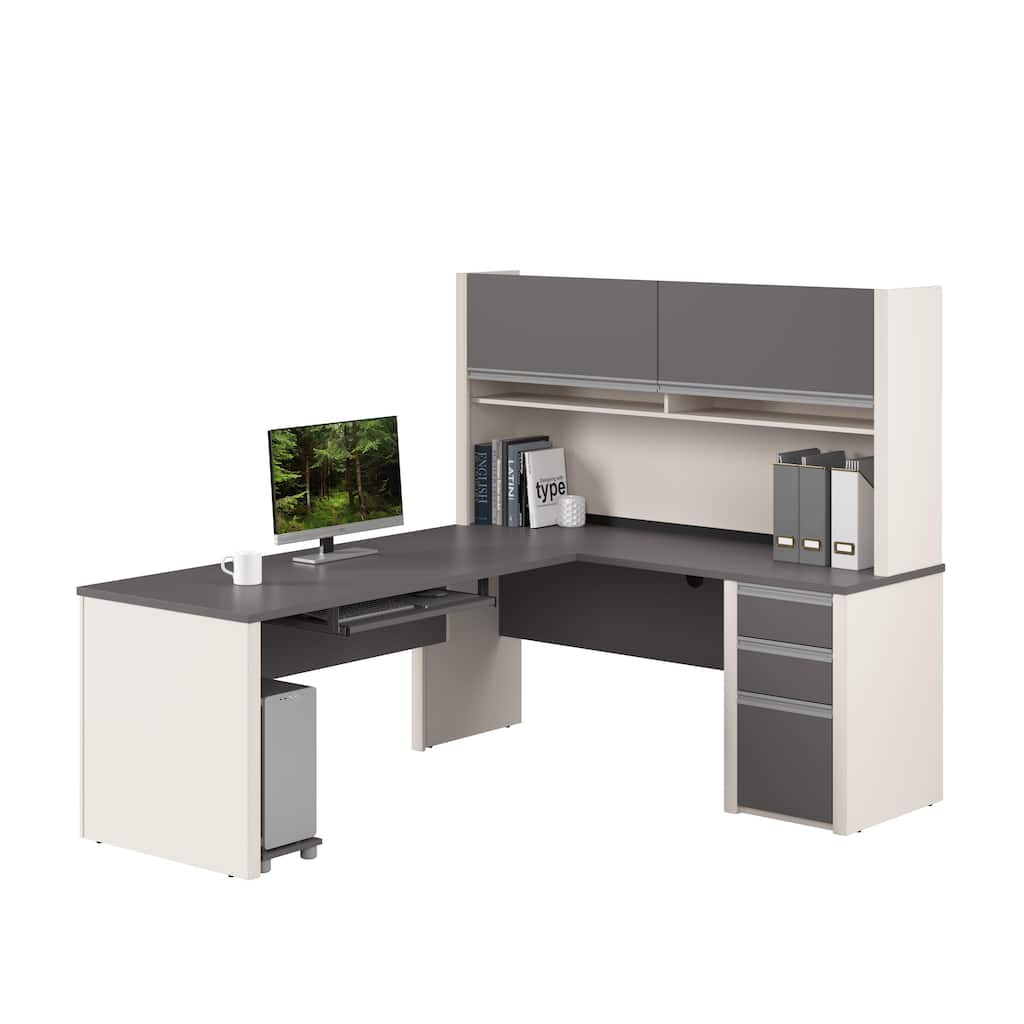 Bestar Connexion 72W L-Shaped Desk with Hutch and Pedestal