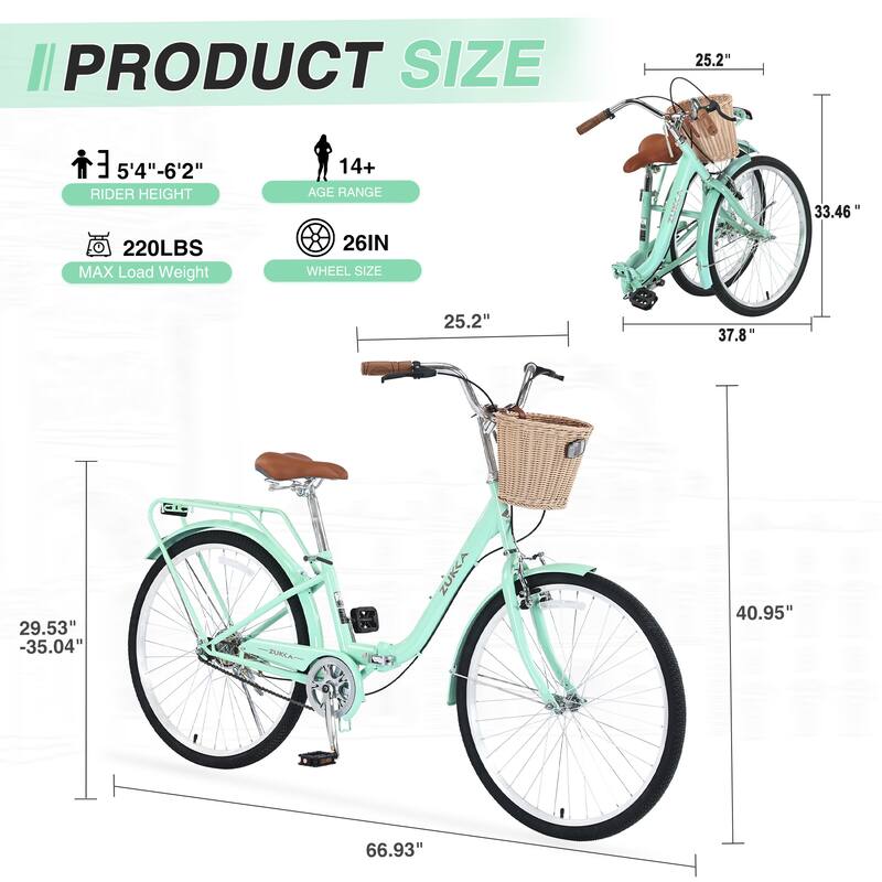 26 Inch Single Speed Folding Lady Bike,Durable Steel Frame,Compact Design For Easy Storage And Commuting