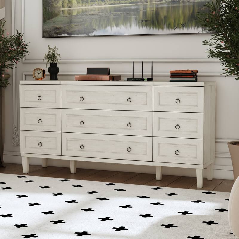 63.4" Wide 9 Drawer Dresser, Modern Light Wood Bedroom Dresser with Solid Legs for Storage