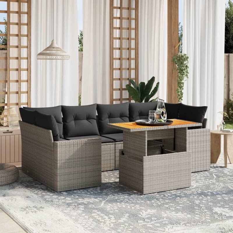 vidaXL Patio Sofa Set with Cushions Lounge Set Outdoor 7 Piece Poly Rattan - 21.7 x 39.4 x 28.7 - Grey