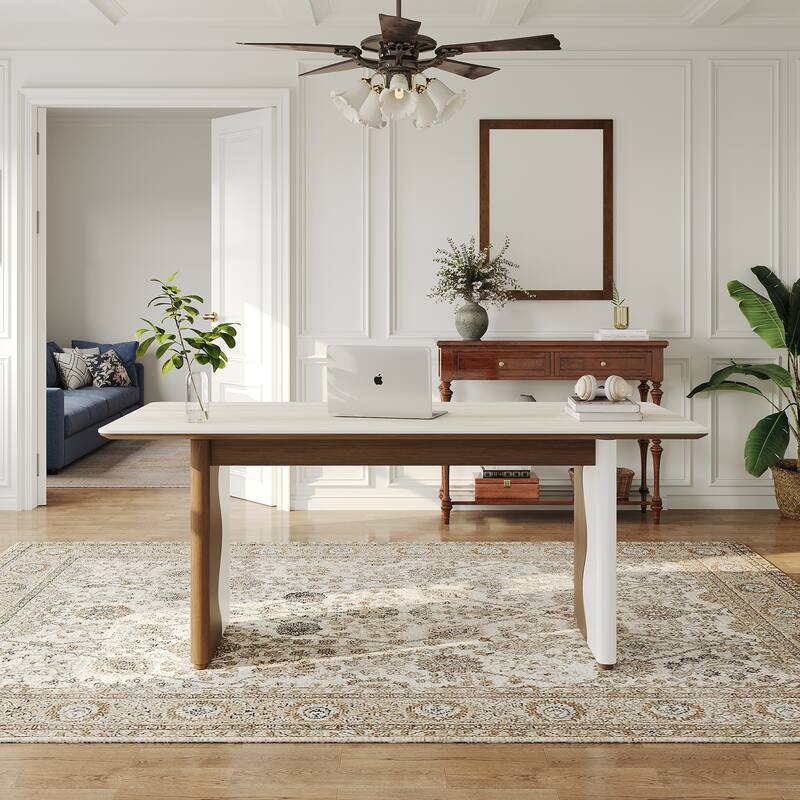 63" Modern Rectangular Writing Desk, Beige Sintered Stone Top, Meeting Desk With Solid Wood Legs