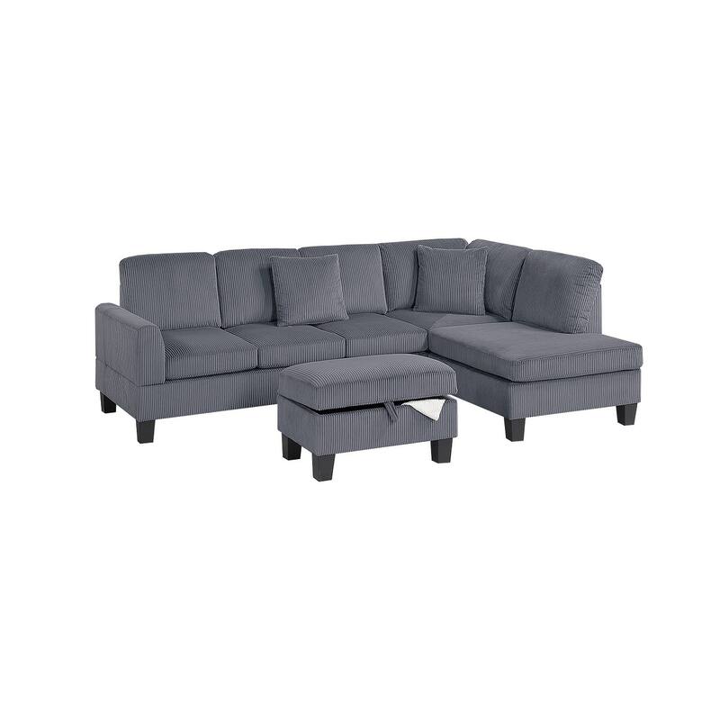3pc Sectional Set with Chaise, Sofa and Ottoman in Dark Gray Corduroy, Living Room