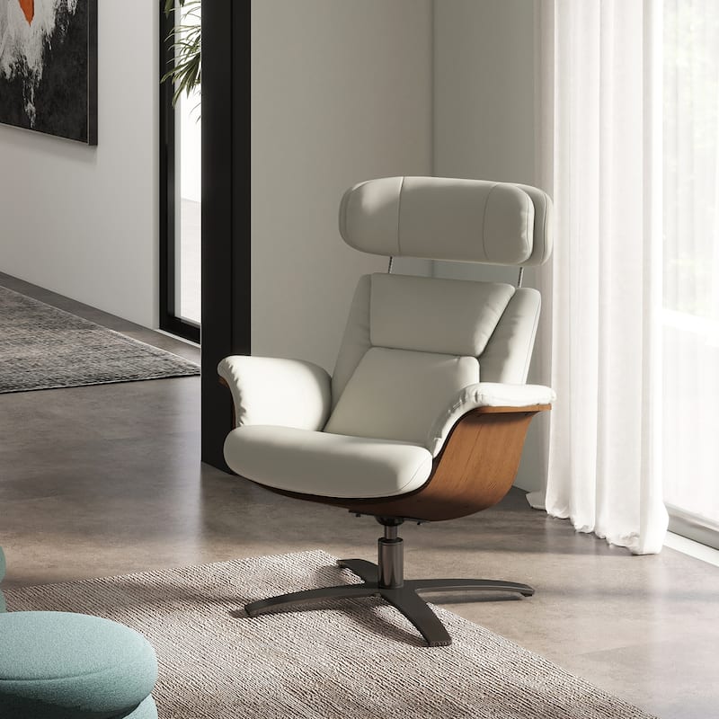 Jovan 31.5" Curved Wood Genuine Leather Recliner Lounge Chair - Pastel Beige Leather