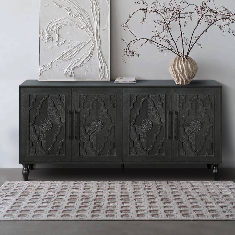 Carved Flower Door Large Storage Cabinet Sideboard Buffet