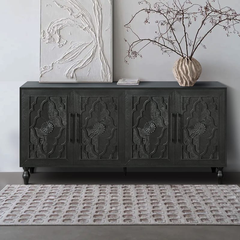 Storage Cabinet with Carved Flower Doors, Sideboard Cabinet with Metal Handle, Accent Cabinet with Adjustable Shelves
