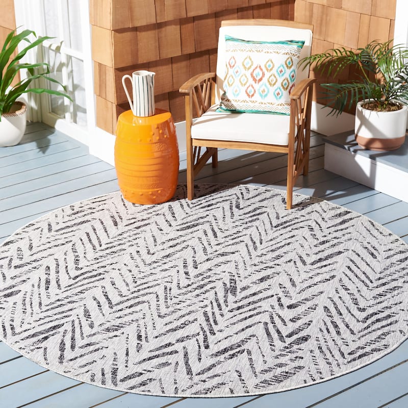 SAFAVIEH Courtyard Thin Indoor/ Outdoor Waterproof Patio Backyard Rug - 7'10" Round - Grey/Black