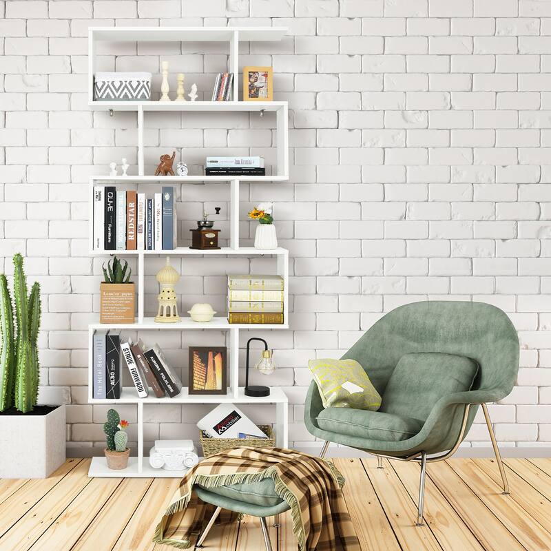 6 Tier S Shaped Bookshelf Wooden Bookcase Room Divider Display Shelves