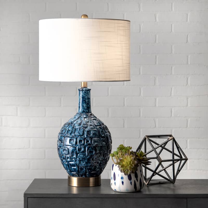 Nuloom 28" Tegular Ceramic Flask Linen Shade Table Lamp - 15"W x 15"D x 28"H - 15"W x 15"D x 28"H - Blue
