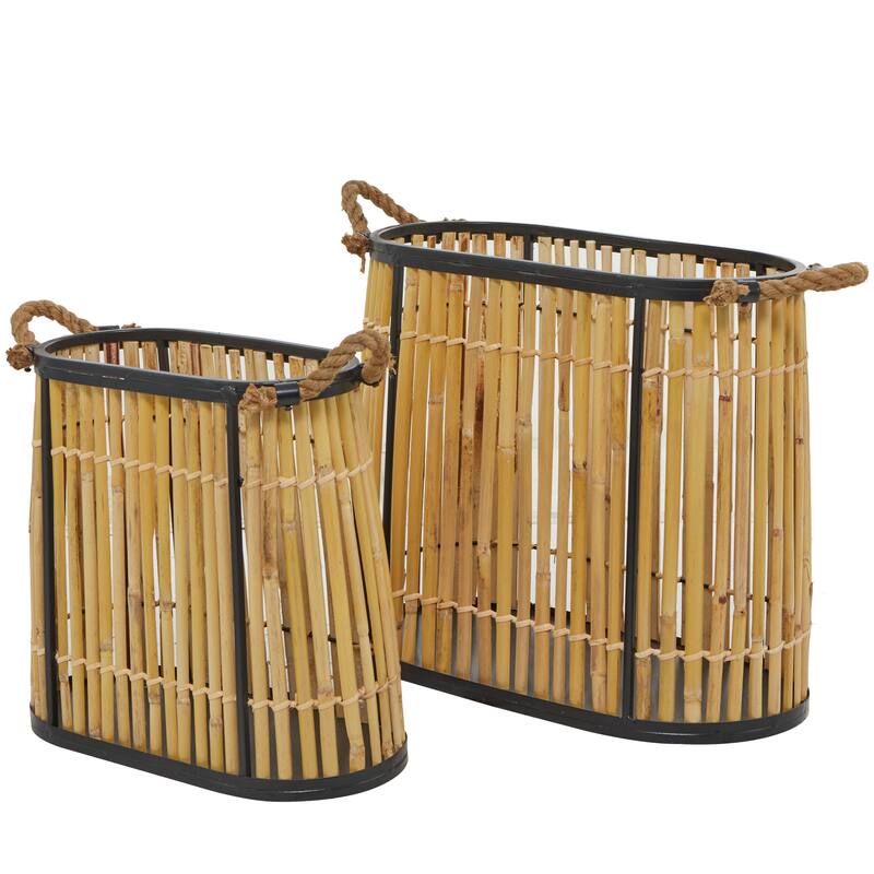 Wicker Wood Handmade Slatted Frame Storage Basket with Handles - Set of 2 Brown - Roche River Decor - 8"W x 16"L x 14"H