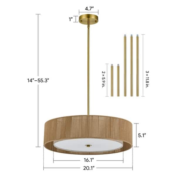 dimension image slide 2 of 5, 3-Light 20"W Drum Fabric Semi Flush Mount Pendant Chandelier