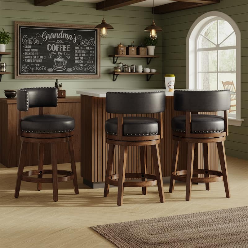 Modern Velvet Swivel Bar Stool - 25" or 30" Counter Height with Adjustable Footrest & Walnut Base, for Kitchen Islands - Set of 3 - Dark Brown - Counter Height