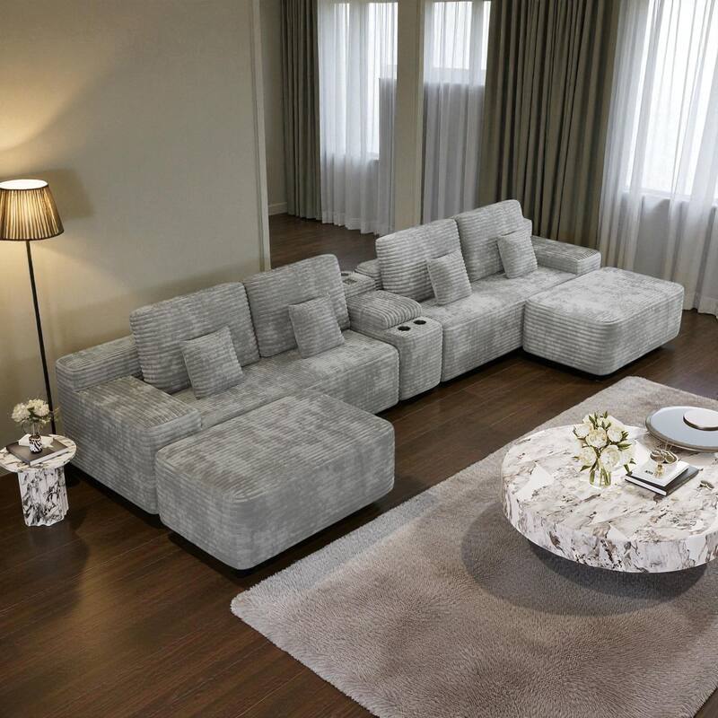 150" U-Shaped 5-Piece Sectional Sofa with 2 Ottomans, Wireless Charging Console, Plush Corduroy Fabric for Living Room