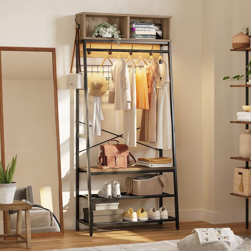5 in 1 Hall Tree with Cabinet Coat Rack with 3-Tier Shoes Organizer - 70 inches - Pinewood